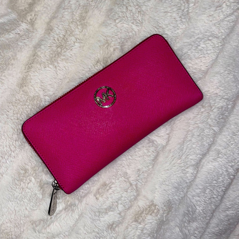 Michael Kors XL zip wallet hot pink with rhinestones
